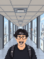 A detailed pixel-art portrait with colorful hearts, sparkles, and dancing zoo animals.
